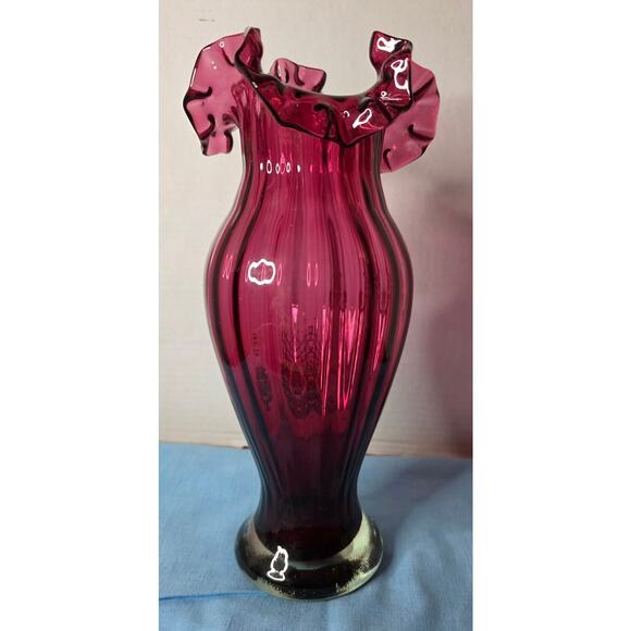 Ruffled Cranberry Bohemian Mary Gregory Victorian Cameo Hand Painted Vase 12" - Picture 3 of 7